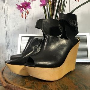 Sam Edelman Black Leather/Wood Wedges Heels Sz 8.5